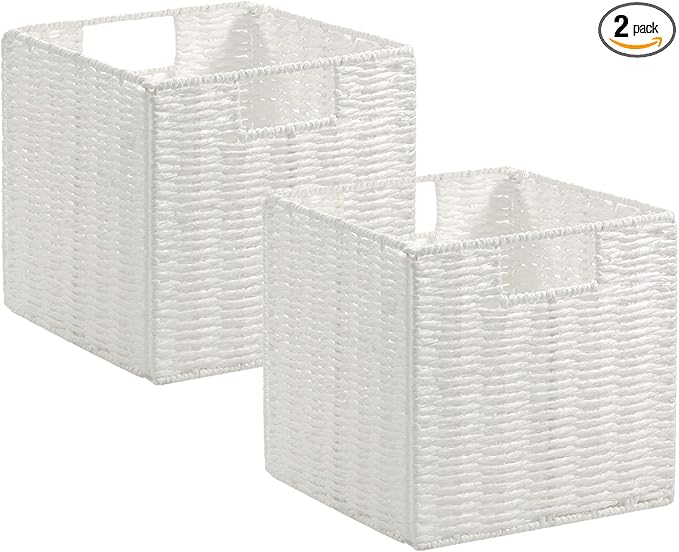 Vagusicc Wicker Storage Basket, Set of 2 Hand-Woven Wicker Baskets for Organizing, Foldable Cube Storage Basket Bins, 13 Inch Large Wicker Storage Baskets for Shelves & Decor, White (13''x13''x13'')