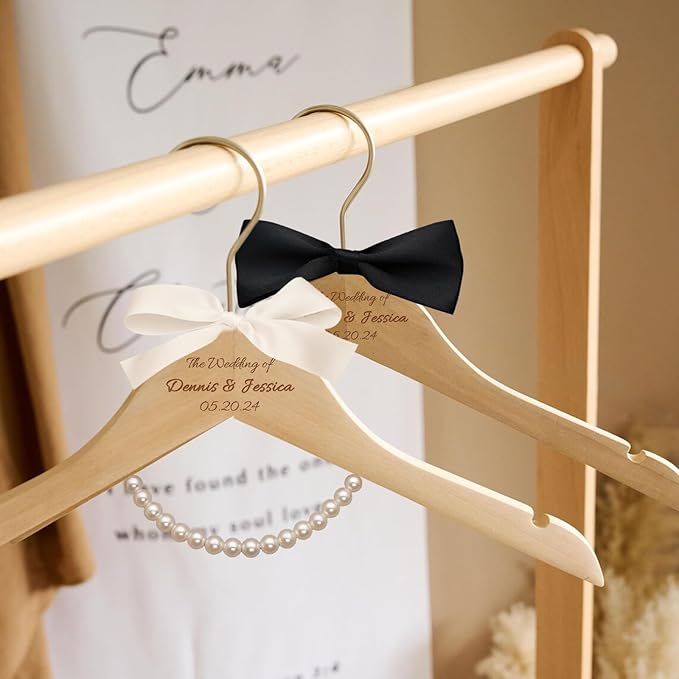 2 Pcs Personalized Wedding Hanger for Bride and Groom, Wooden Bride Hanger, Custom Mr and Mrs Hangers with Bow Tie for Tuxedo, Bridal Party Shower, Wedding Gift