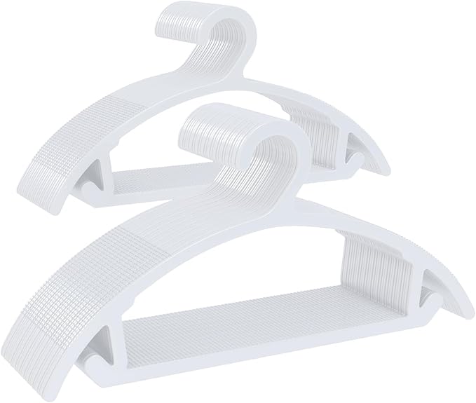60 Pack Kids Hangers, Non-Slip & Sturdy Coat Hangers, Ultra-Thin Plastic Suit Hangers for 7-12 Years Old, Dry & Wet Dual-Use Multi-Scenario Storage, Holds Up to 11 LB, 14" W, White, UAPY0960W