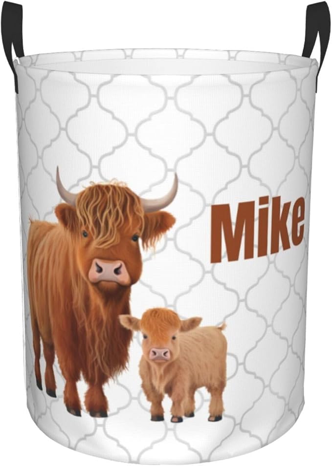 Personalized Laundry Basket for Nursery, Custom Nursery Laundry Hamper with Name, Customize Baby Clothes Circular Hamper for Boys Girls Room Decor, Highland Cow