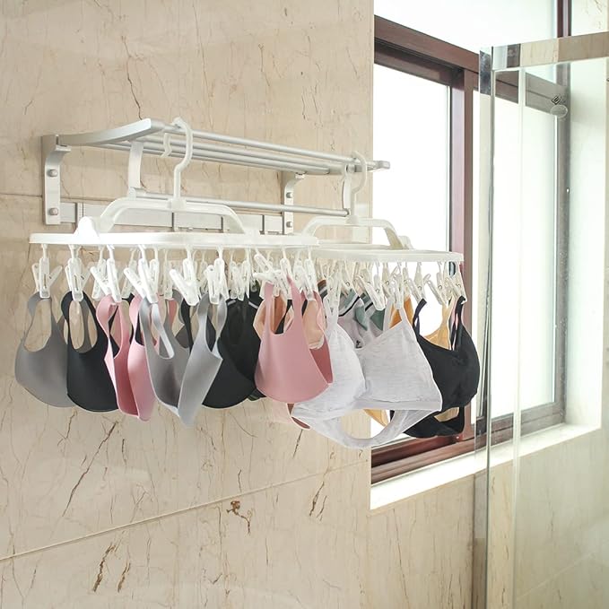 Foldable Plastic Hangers with 26 Drying Clips, Underwear Hanger with Clips, Plastic Laundry Clip and Drip Drying Hanger for Socks, Bras, Lingerie, Clothes, Sturdy, White, 2pc