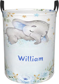 Blue Gold Floral Elephant Personalized Laundry Hamper Custom with Name Collapsible Waterproof Storage Basket with Handles for Bedroom Decor Gift.