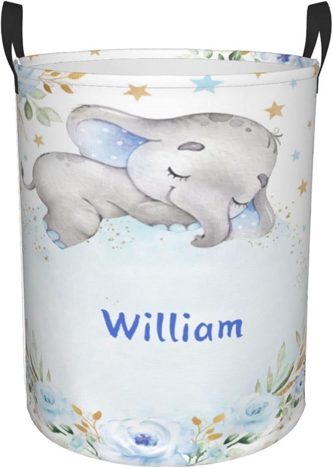 Blue Gold Floral Elephant Personalized Laundry Hamper Custom with Name Collapsible Waterproof Storage Basket with Handles for Bedroom Decor Gift.