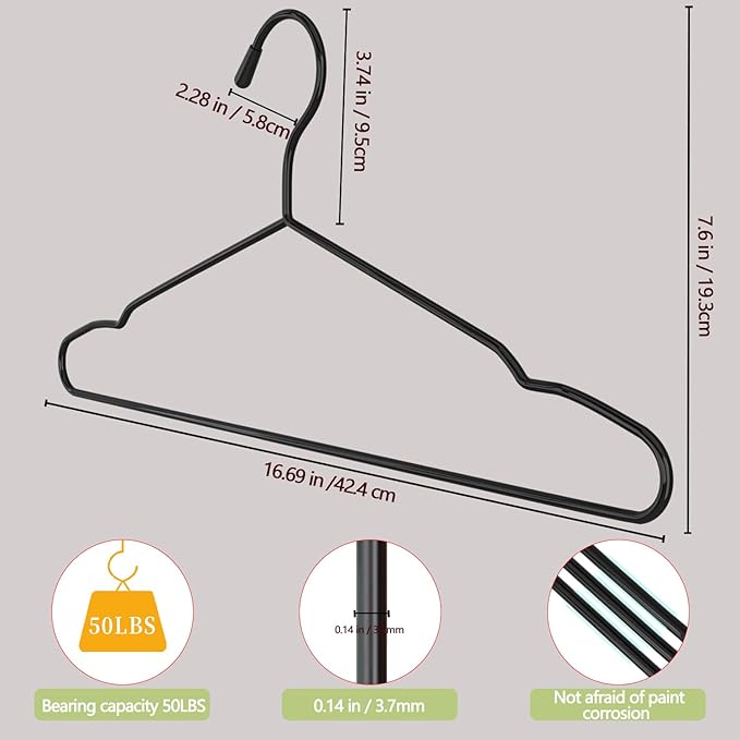 40Pack+5 Clips Luxurious Hanger Set ，16.69" Heavy Duty Matte Black Metal HangersWithstands 50lbs Weight Smooth Powder Coated Finish Compact Shirt Hangers