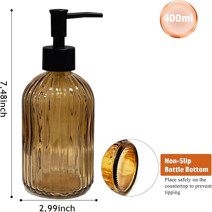 14Oz Black Pump Glass Soap Dispenser, Brown Stripe Countertop Refillable Liquid Bottle Hand Dish Lotion Dispenser with Plastic Pump, for Kitchen, Bathroom