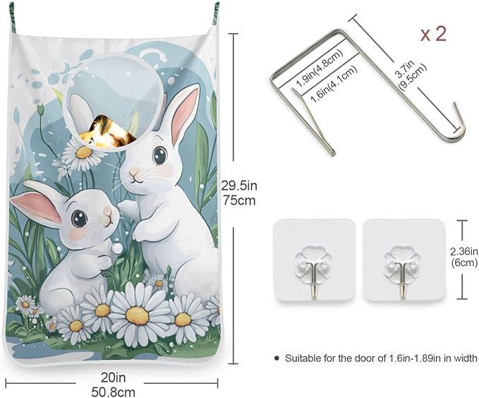 Hanging Laundry Hamper Over the Door with Stainless Steel Hooks Rack Dirty Clothes Wall Mounted Hamper Basket Bag 29.5X20inch Blue and White Easter Bunny Daisy