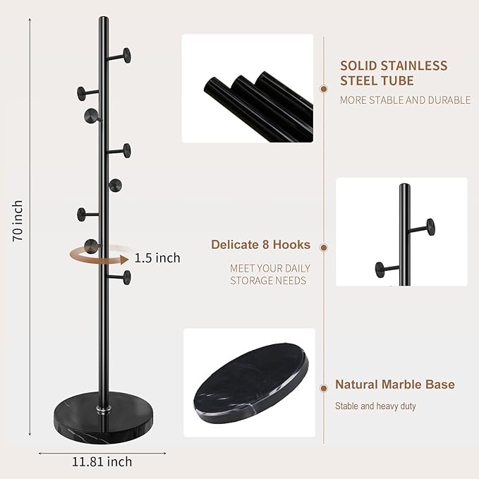 Modern Metal Coat Rack Stand, Coat Rack Freestanding with Natural Marble Base, Sturdy Heavy Duty Coat Racks with 8 Hooks, Black Coat Hall Tree Stand for Entryway, Office