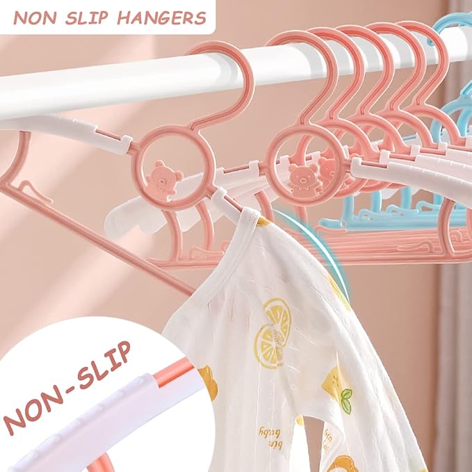 Baby Hangers for Nursery Closet 60 Pack Plastic Kids Clothes Hanger Space Saving Non Slip Extendable Toddler 11-14” Adjustable Hangers Heavy Duty Clothing Infant Hanger Bulk, Pink