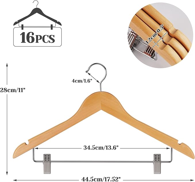 HOUSM 16Pack Wooden Skirt Hangers with Clips, Solid Wood Pants Hangers, Natural, Smooth Finish, High-Grade Selected Wood, Sturdy Metal Clips for Blouse, Dress, Coat, Jacket