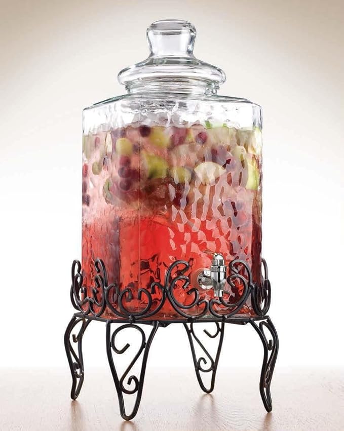 MosJos 2.5 Gallon Classic Hammered Glass Beverage Dispenser with Elegant Stand - Glass Drink Dispenser with 100% Leak Proof Spigot, Party Drink Dispensers for Lemonade, Punch, Water, Juice