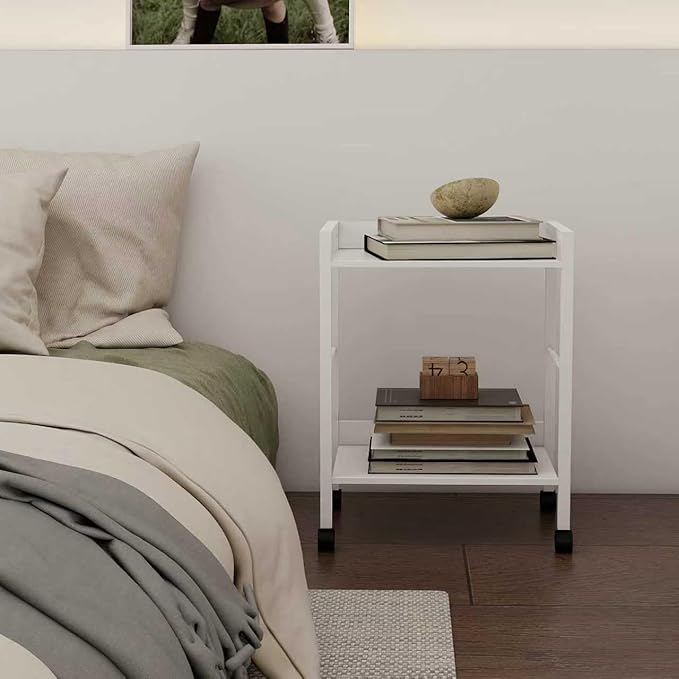 2-Tier Rolling Utility Cart with White Shelves and White Metal Frame, Industrial Mobile Storage Trolley on Wheels for Kitchen, Office, Bathroom, Living Room