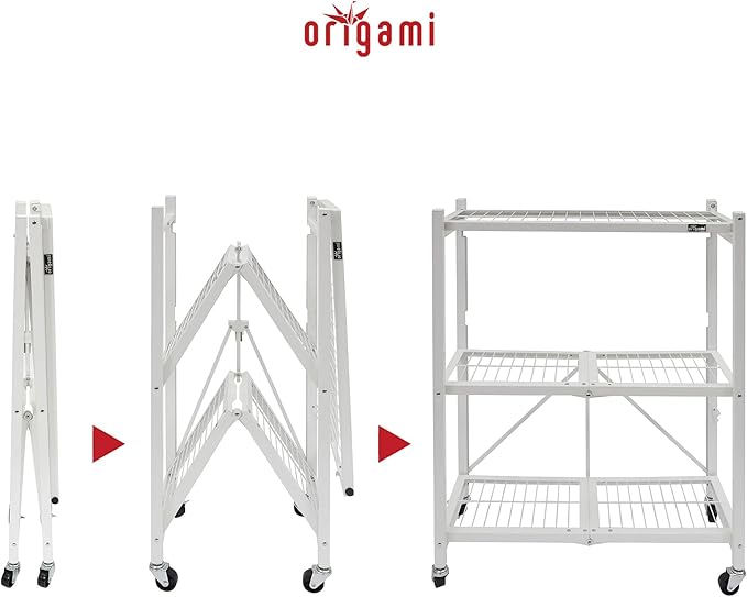 Origami 2-Pack General Purpose Foldable 3-Tier Shelf Storage Rack & Wheels, R3, White