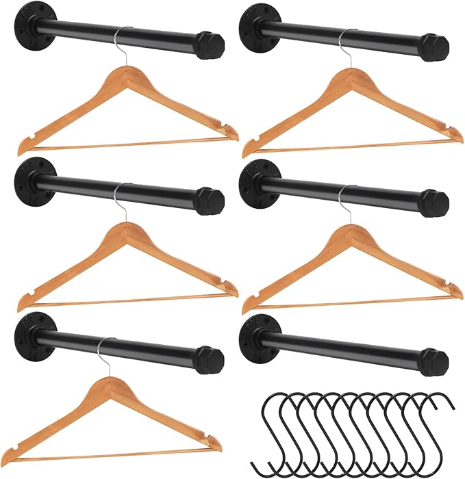 6 Pcs Industrial Pipe Clothes Bar 12 Inch Rustic Black Iron Pipe Clothing Rack Wall Mounted Garment Rack Holder Hanging Closet Rods for Bedroom Bathroom Boutique