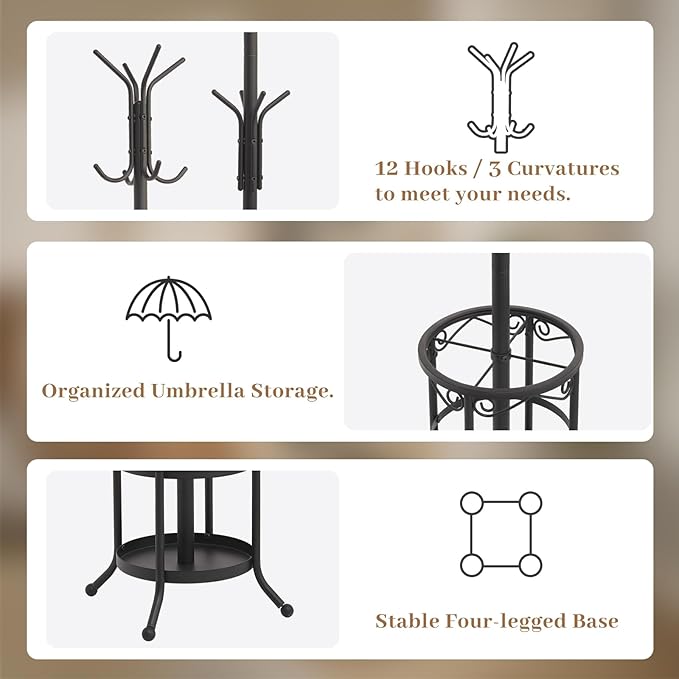 Coat Rack Freestanding with Umbrella Holder – Metal Hanger Stand, Hall Tree with 12 Hooks, Entryway Organizer for Hats, Bags, and Clothes (Black)