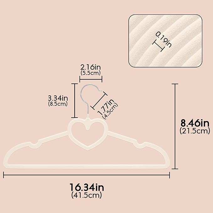 Velvet Clothes Hangers 20 Pack – 16" Non-Slip Slim ABS Hangers with 360° Swivel Hook and Heart Accent, Dry Use for Shirts, Dresses, Pants, Ties – Ivory