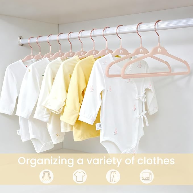 Baby Velvet Hangers 30 Pack, 11" Premium Felt Kids Hanger with 10 Clips, Slim 0.2" Non-Slip Stackable Design & 360° Swivel Hook, Space-Saving Toddler Clothes Hangers for Nursery Closet, Pink