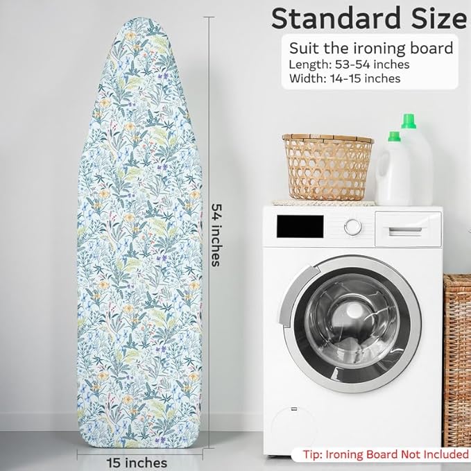 FIOBEE Ironing Board Cover and Pad Extra Thick Iron Board Pad with Heat-Resistant Mesh Padded Iron Board Covers Adjustable Buckle & Elastic Edges for 15x54 Standard Size Ironing Board, Grey Flower