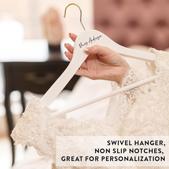 Andaz Press Personalized Bridal Hanger - Premium White Wooden for Wedding Dress, Bridesmaid Dresses, Bridal Party - Custom Name Wedding Gift, Flower Girl - 1-Pack