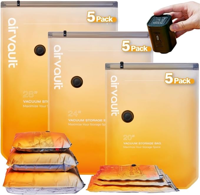 AirVault Vacuum Storage Bags for Travel & Home - Space Saver Compression Packing Bags Set for Clothes, Blankets & Seasonal Storage, Small (5), Medium (5), Large (5) (Orange,15-Pack Combo)