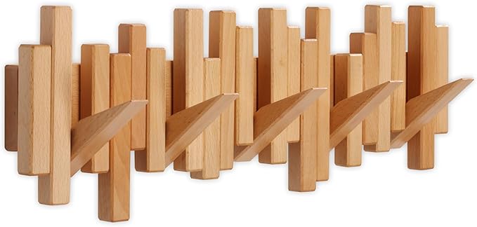 DESAINOPH® Wooden Coat Rack Wall Mounted Sticks Multi Rack Solid Handmade Natural Wood Artwork with 5 Flip-Down Unique Modern Hooks for Coats Bag Hat Umbrella