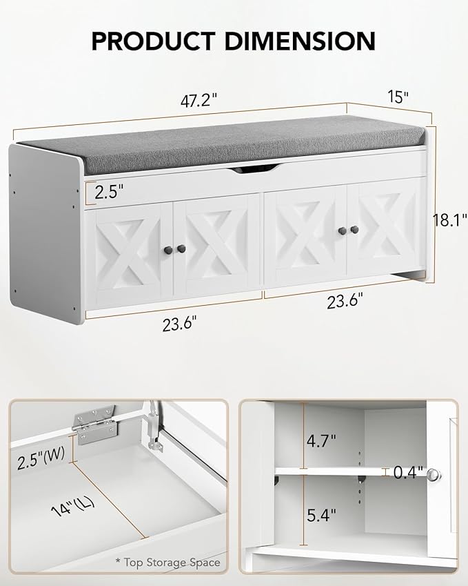 Amada Shoe Storage Bench with Cushion, 47.2" Long Entryway Bench with Lift Top Storage, 4-Door Shoe Bench with Adjustable Shelves, 300 lb Capacity for Entryway, Bedroom, Living Room, Classic White