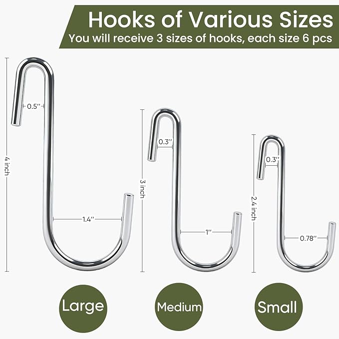 18 Pack Heavy Duty S Hooks for Hanging, Variety Sizes 6 PCS Large 4"/ 6 PCS Medium 3"/ 6 PCS Small 2.4" Pot Rack Hooks, Metal S Shaped Hanger Hooks for Hanging Jeans Pans Cups Plant Basket