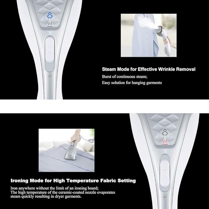 SALAV Steamer for clothes Handheld Iron 2 in 1, 2 Steam Settings, for Both Vertical and Horizontal Garment Handling, Ceramic Coated Metal Steam Panel, 150 ml Big Water Tank, 1150 Watt Silver