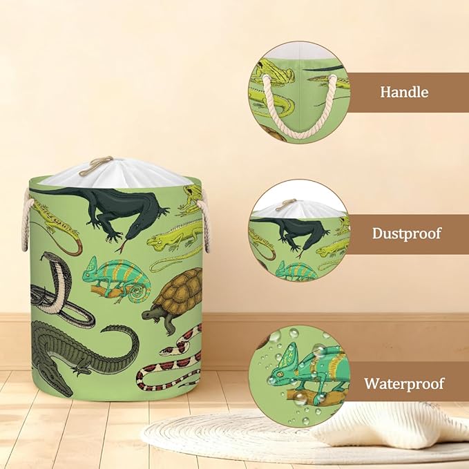 Laundry Hamper - Reptiles Snakes Lizards 58L Collapsible Waterproof Large Tall Nursery Storage Baskets Bin for Kids Toys, Clothes, Bathroom, Boys Bedroom Comic Hero Decor, Gift Basket