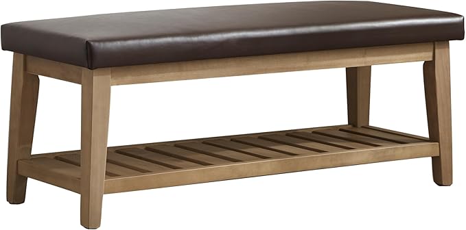 HUIMO Entryway Shoe Bench with Cushion, End of Bed Bench,Upholstered Bench for Kitchen, Bench with Solid Wood Shelf, Leather Ottoman Bench for Hallway, Living Room (PU-Brown)
