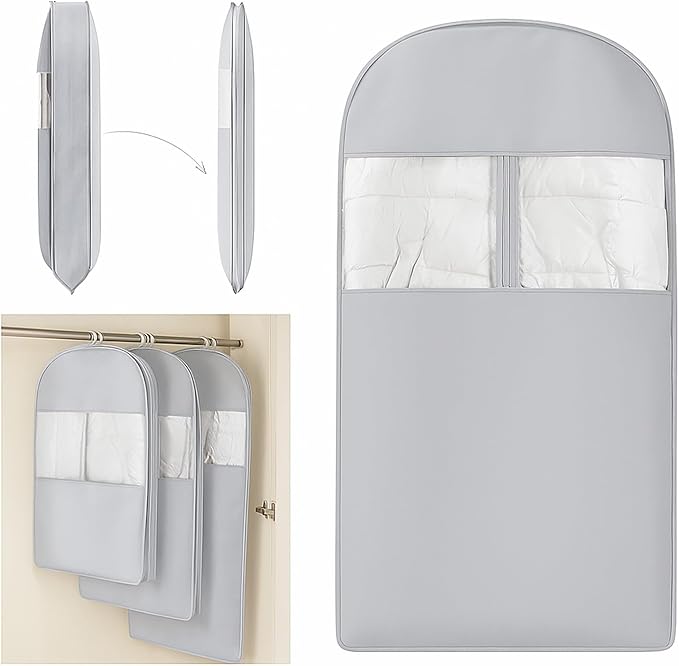 Space Saving Hanging Compression Garment Bag with Zipper for Closet Storage, Hanging Clothes Storage Bag, Garment Covers for Coats and Down Jackets, Gray, L
