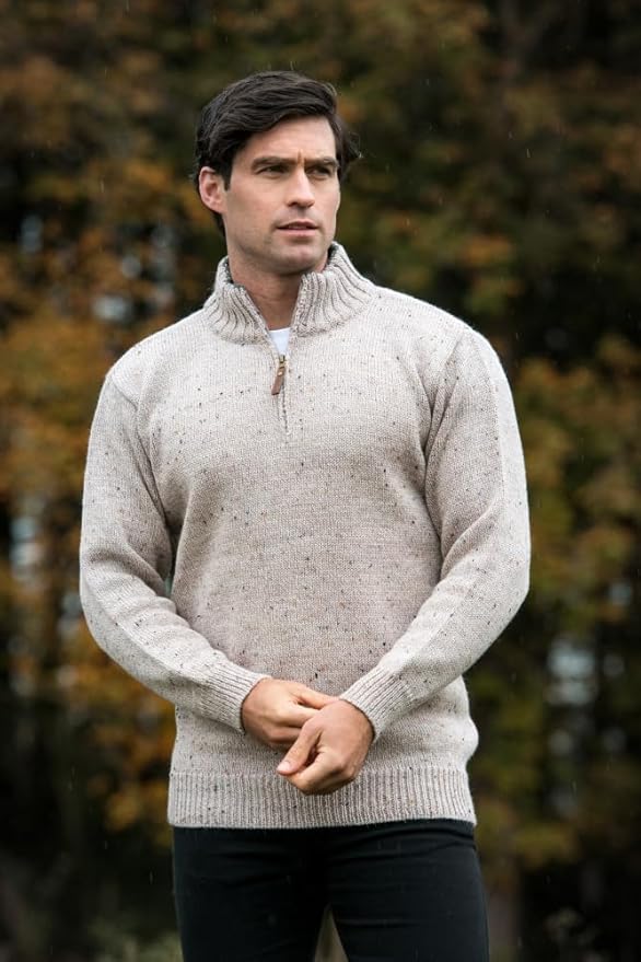 Aran Crafts 1/4 Zip Plain Sweater 100% Wool, Made in Ireland