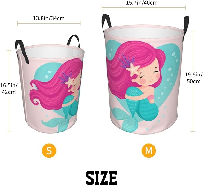 Dujiea Mermaid Girl Laundry Basket Round with Handle, Collapsible Foldable Canvas Storage Bin Dirty Clothes Bag for Laundry/Toys Organizer/College Dorm/Nursery/Decor(2 Sizes)