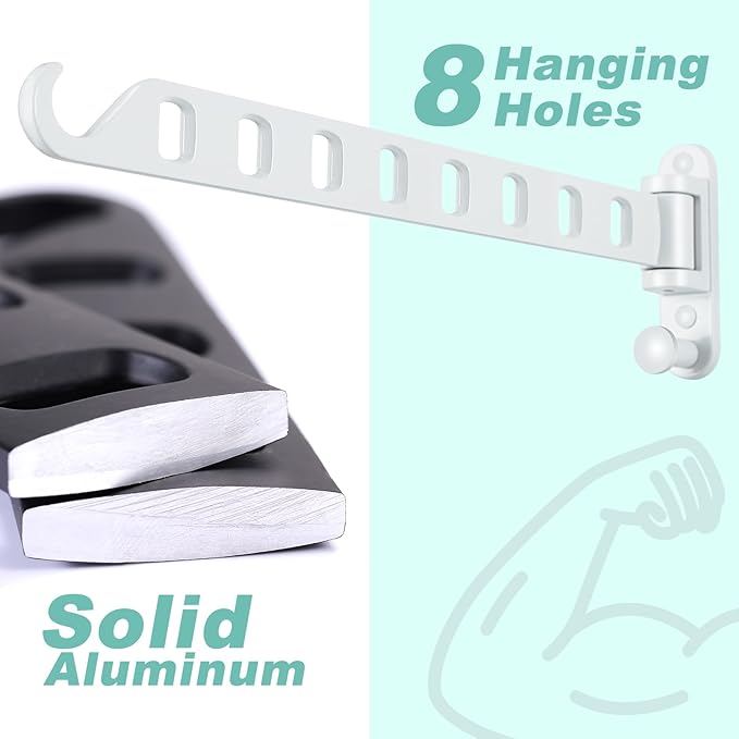 Wall Mounted Clothes Hanger with Swing Arm - 8-Hole Laundry Room Drying Rack | 180° Rotation & Space Saving for Hanging Clothes | Swing Away Coat Hanger | Aluminium(2-Pack, White)