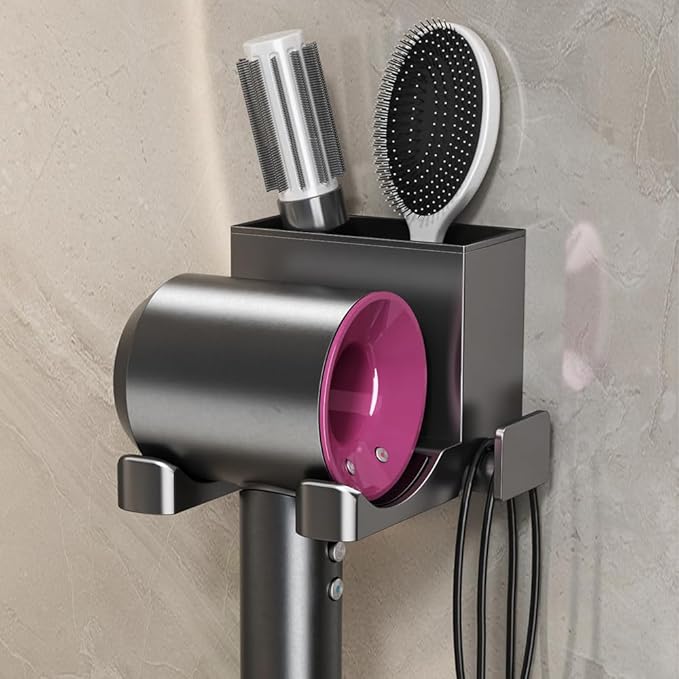 Hair Dryer Holder Wall Mounted, Bathroom Space-Saving Blow Dryer Organizer, Self Adhesive Magnesium Aluminum Alloy Compatible for Dyson Hair Dryer Wall Mounted