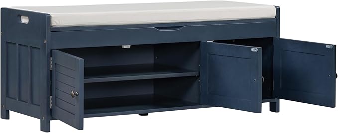 SOFTSEA Upholstered Storage Bench, Entryway Shoe Bench with Removable Cushion and Hidden Storage, Wooden Storage Ottoman with 3 Shutter-Shaped Doors for Entryway, Living Room, Bedroom, Blue
