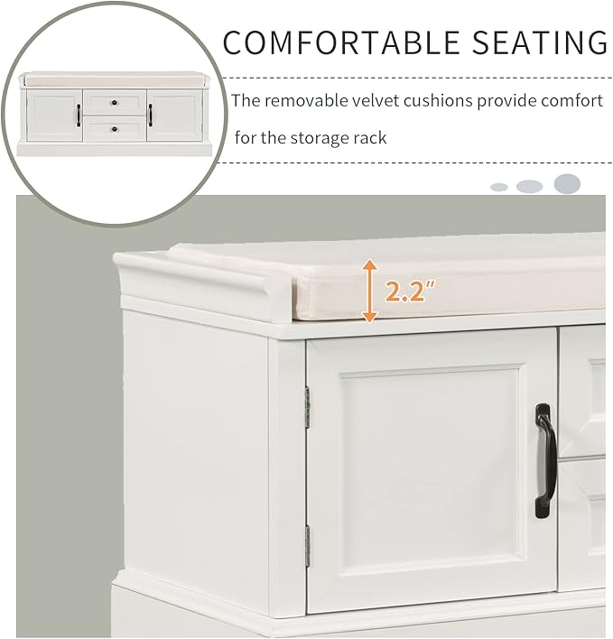 Knocbel 42.5" Entry Storage Bench with Removable Cushion, 2 Drawers and 2 Cabinets, Entryway Hallway Foyer Shoe Bench End of Bed Bench with Aluminum Handles, 200lbs Weight Capacity (White)