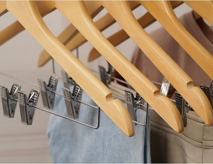 HOUSM 16Pack Wooden Skirt Hangers with Clips, Solid Wood Pants Hangers, Natural, Smooth Finish, High-Grade Selected Wood, Sturdy Metal Clips for Blouse, Dress, Coat, Jacket