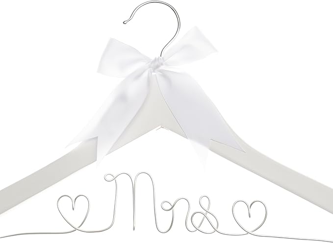 Ella Celebration Mrs Wedding Dress Hanger, Wood and Wire Hangers for Bride (White with Silver Wire)