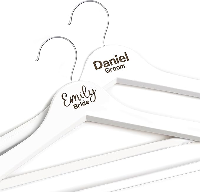 Personalized Bride and Groom Hangers With Custom Name and Date - Engraved Wood Bridal Party Hangers, Bridesmaid Gifts, Wedding Dress Hanger - White - 2 Pack