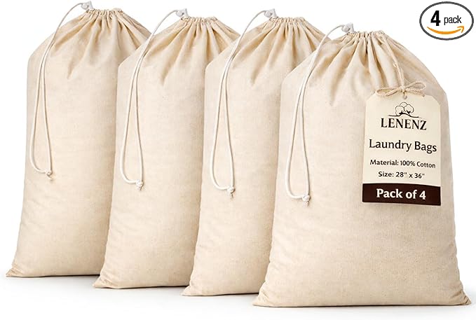 4 Pack Reusable Laundry Bags - 100% Cotton Multi Purpose Travel Laundry Bag - Durable & Machine Washable - Large Laundry Bag 28 x 36"