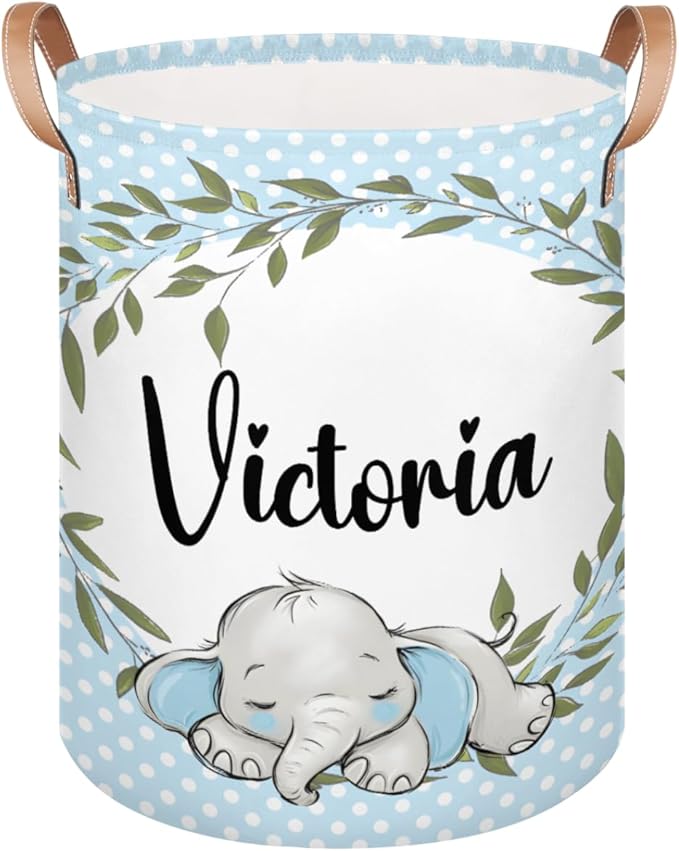Personalized Laundry Basket, Custom Gift Laundry Hamper, Collapsible Nursery Waterproof Laundry Baskets, Dirty Clothes Toy Hamper with Handles Greenery Wreath Blue Elephant