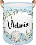 Personalized Laundry Basket, Custom Gift Laundry Hamper, Collapsible Nursery Waterproof Laundry Baskets, Dirty Clothes Toy Hamper with Handles Greenery Wreath Blue Elephant