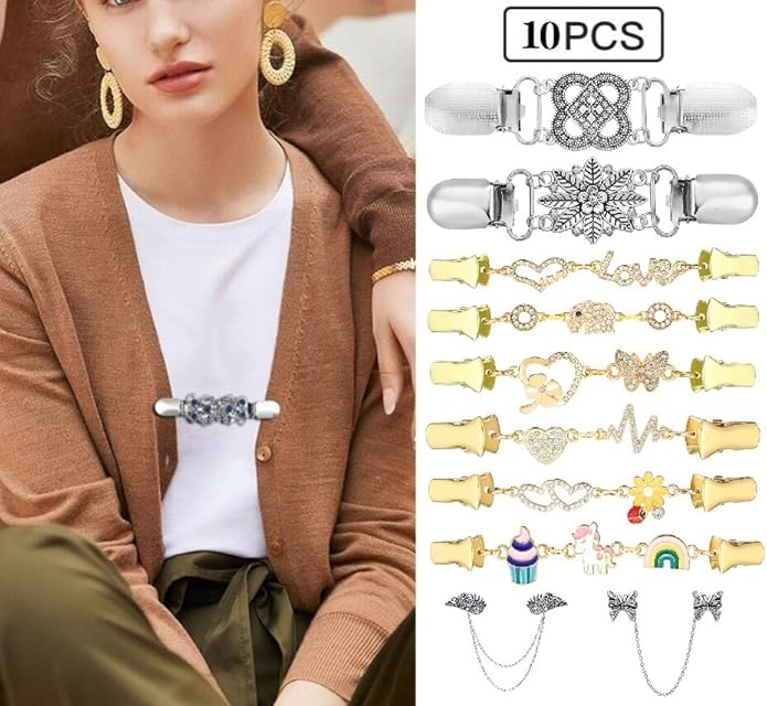 Vintage Sweater Clips Shawl Dresses Shirt Clips Retro Cardigan Collar Chain Clips Brooch Pins for Women