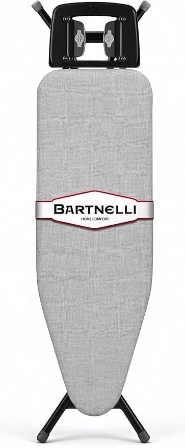Bartnelli Extreme Stability Ironing Board 43x13 Upgraded Heavy-Duty Metal Frame & Iron Rest, Height Adjustable, Foldable, 4 Non-Skid Feet, 4-Layer Cover & Pad, Made with Patent European Engineering