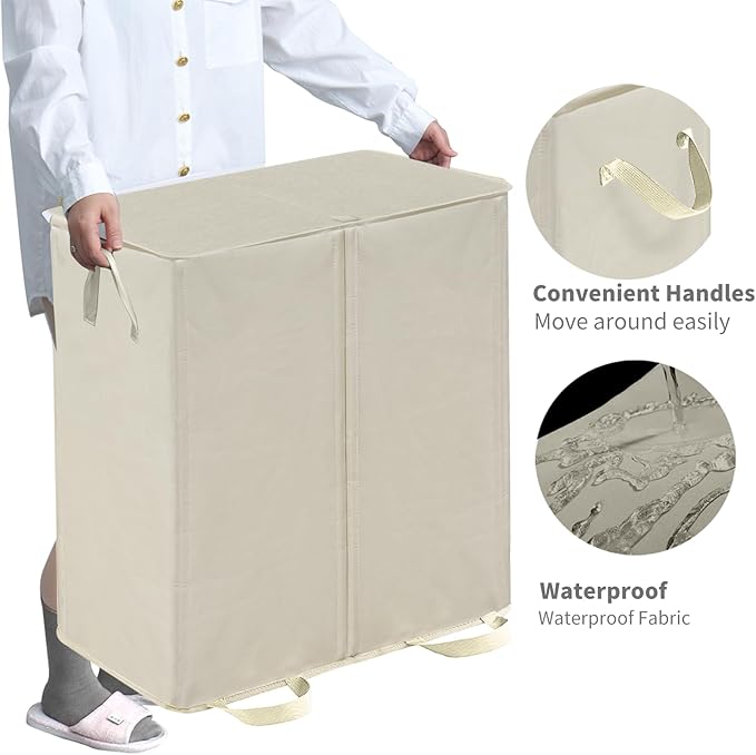 Double Laundry Hamper with Lid and Removable Bags, Laundry Basket 2 Section, Double Hampers for Laundry, Large Divided Hamper, Dual Laundry Hamper 2 Section with Handles Dorm 140L Beige