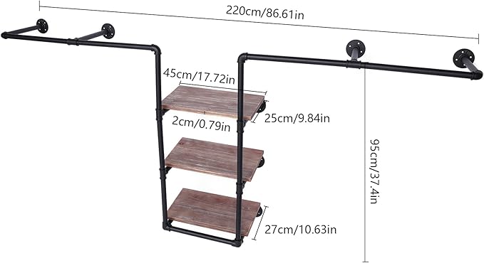 Industrial Pipe Clothing Rack Wall Mount Clothing Rack With Three Storage Shelves Clothing Display Rack Retail Display Clothes Rod Iron Garment Rack Multi-occasion Clothes Display Shelf