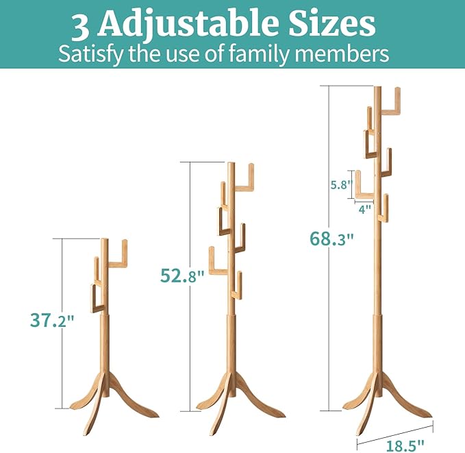 Coat Rack Freestanding, Bamboo Cactus Coat Tree, Adjustable Height Wooden Coat Stand with 6 Hooks, kids coat rack, Used In The Bedroom Living Room, Office To Hang Clothes, Hats, Bags