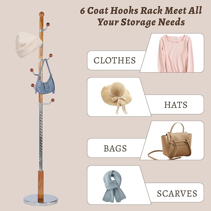 Wooden Coat Rack Freestanding with Resin Hooks, Adjustable Heavy Duty Stand for Hanging Coats, Bags, Hats, and Umbrellas in Living Room, Bedroom, Entryway (Walnut color-metal)