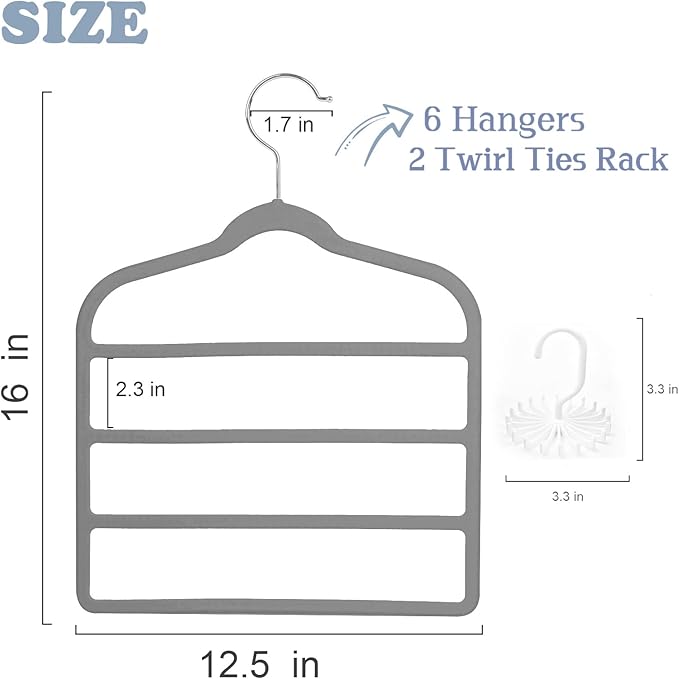 Tinfol 6pc Velvet Pant Hangers - Gray Space Saving Non-Silp Hangers, Jeans Slack Trousers Hanger, Multi Layer Clothes Hanger Closet Organizer for Clothes