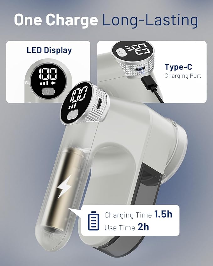 BEAUTURAL Fabric Shaver, Rechargeable Lint Remover, Electric Portable Sweater Defuzzer with 3 Speeds, 6 Leaf Blades, Digital LED Display, Remove Pilling for Clothes, Furniture, Sweater, Couch, Blanket